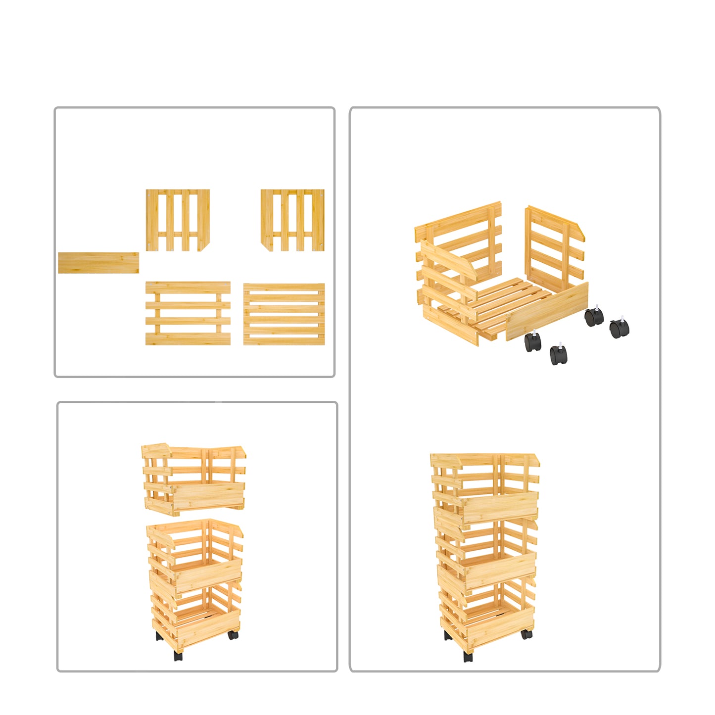 3-Tier Bamboo Fruit Basket Vegetable Storage with wheels