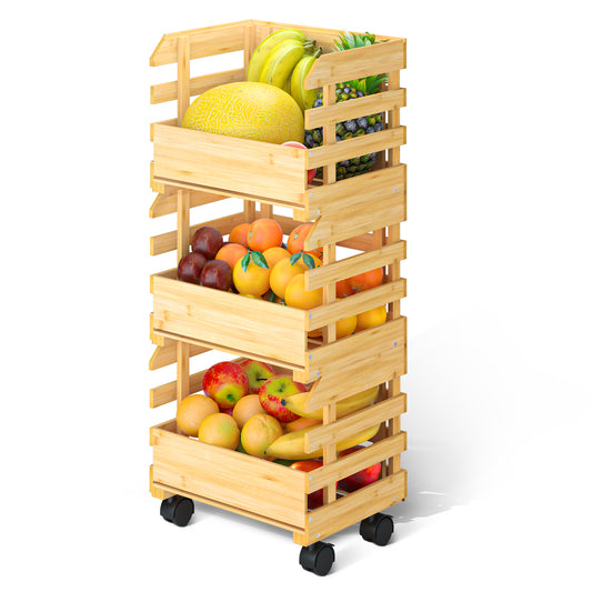 3-Tier Bamboo Fruit Basket Vegetable Storage with wheels