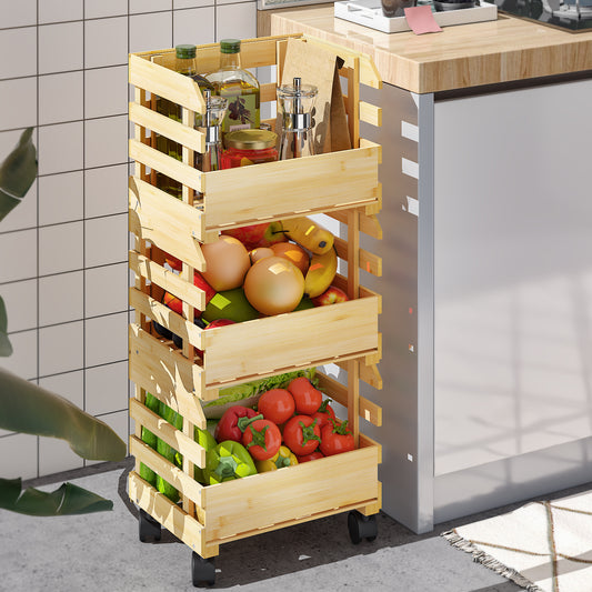 3-Tier Bamboo Fruit Basket Vegetable Storage with wheels