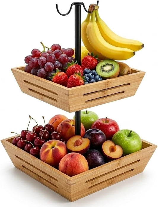 G.a HOMEFAVOR Acacia Wood Fruit Basket: 2-Tier Vegetable Storage with Banana Holder, Kitchen Countertop Organizer for Bread Snack, Large Size