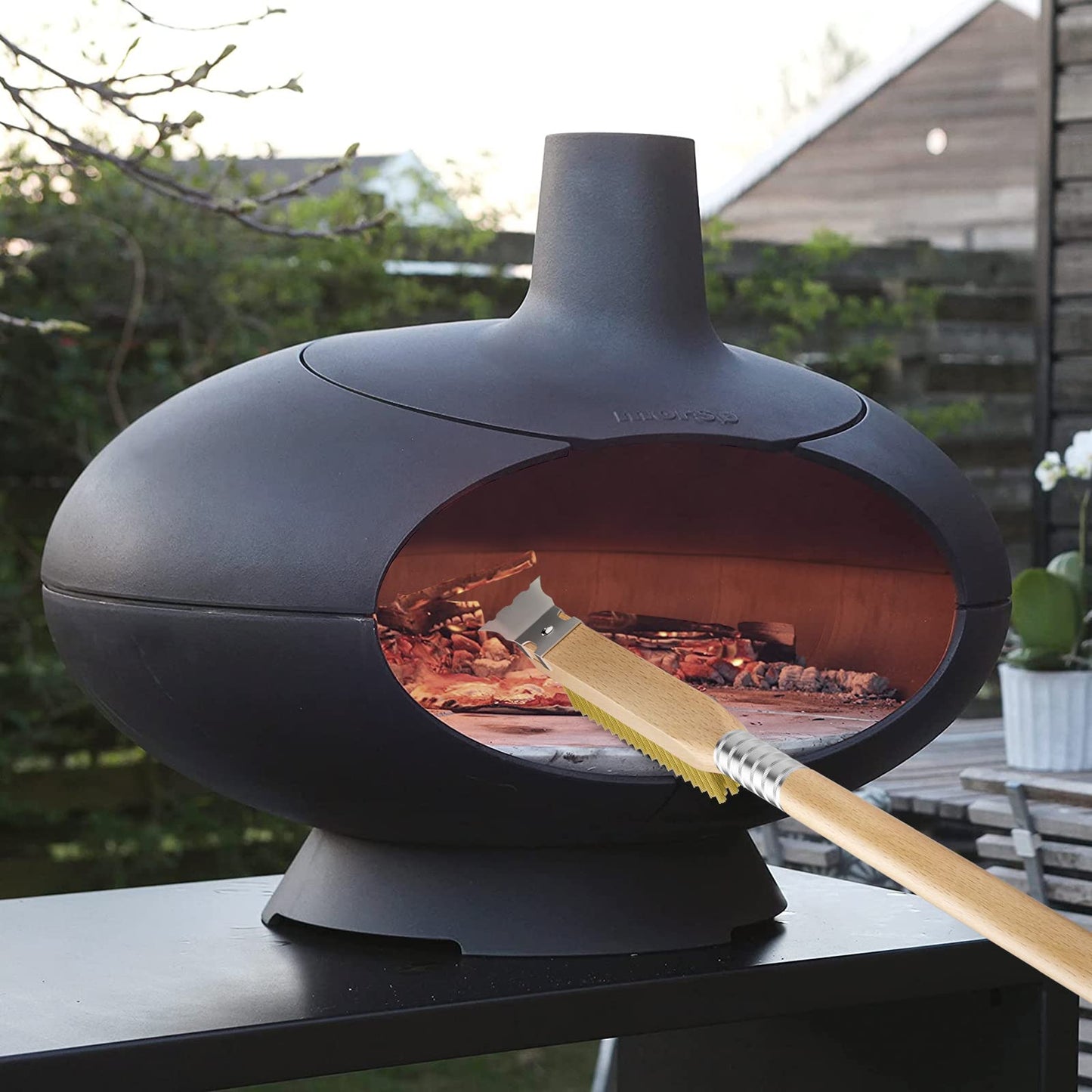 Premium Pizza Oven Brush with Detachable Scraper & Beechwood Handle