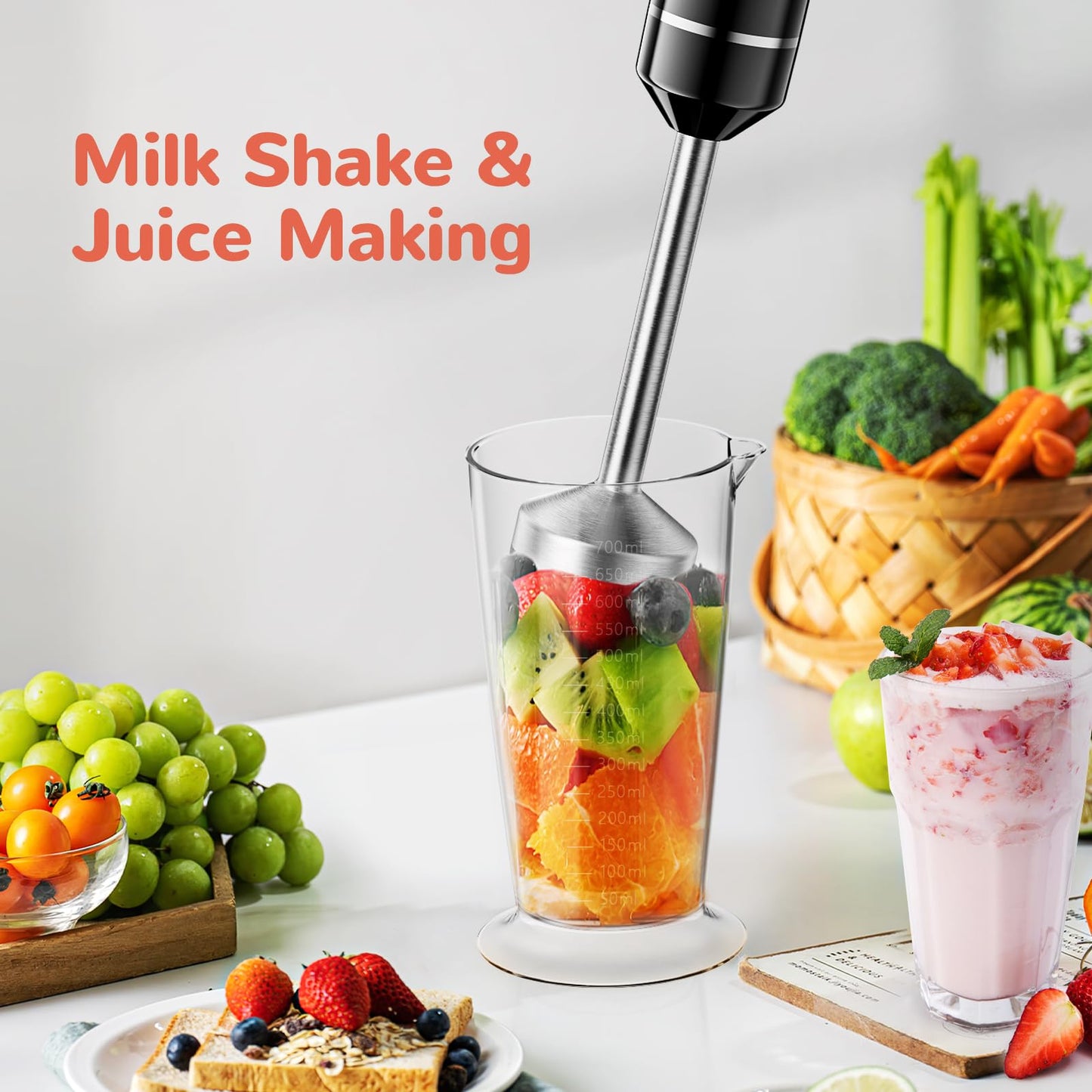 1000W Trigger Variable Speed 5 in 1 Stick Blenders with Stainless Steel Blade, Mixing Beaker, Whisk, Milk Frother for Soup, Baby Food, Smoothies