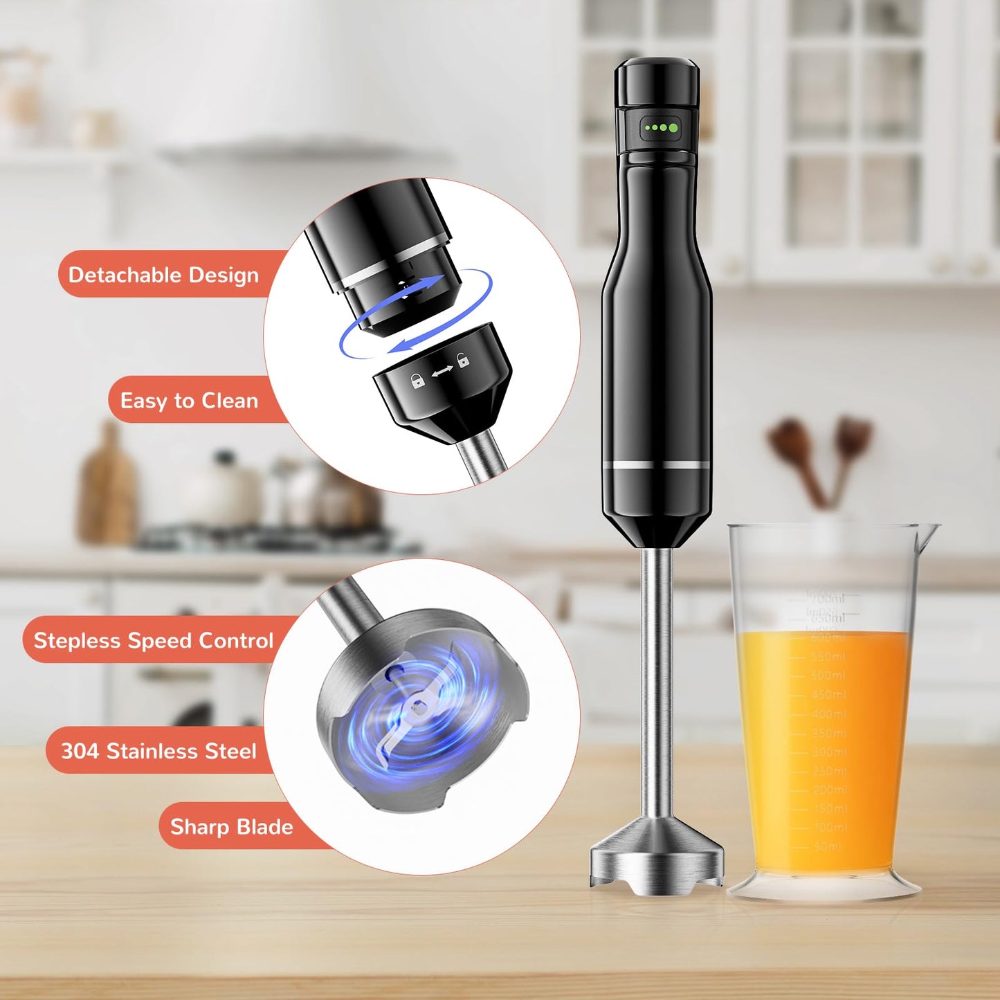 1000W Trigger Variable Speed 5 in 1 Stick Blenders with Stainless Steel Blade, Mixing Beaker, Whisk, Milk Frother for Soup, Baby Food, Smoothies