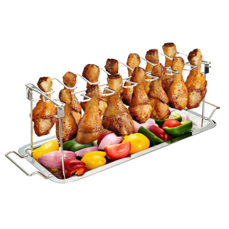 G.a HOMEFAVOR Chicken Leg Wing Rack 14 Slots Stainless Steel Metal Roaster Stand with Drip Tray for Smoker Grill or Oven, Dishwasher Safe, Non-Stick, Great for BBQ, Picnic