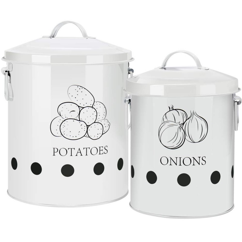 G.a HOMEFAVOR Set of 2 Antique Cream Vintage Potato Onion Kitchen Storage Canisters Jars Pots Containers 2 Pack Set, Potatoe, Onion Bin Caddy, With Aerating Tin Storage Holes & Metal Lid