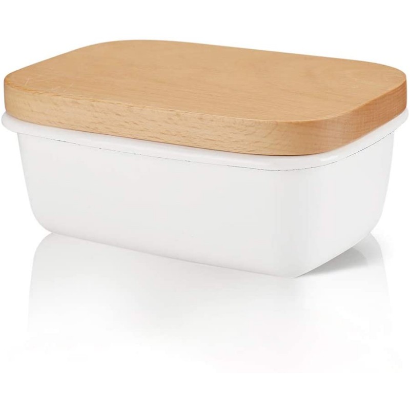 Enamel Butter Dishes with Wooden Lids, Retro White Butter Box, Elegant Food Storage Box Container for Snack, Fruits, Nuts