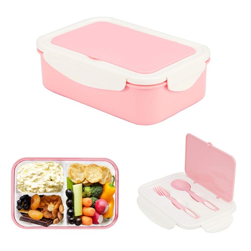 1000 ml Plastic Bento Lunch Box for Adults & Kids, Food Container with 3 Compartments and Cutlery Set(Fork and Spoon), Microwave & Dishwasher Safe (Pink)