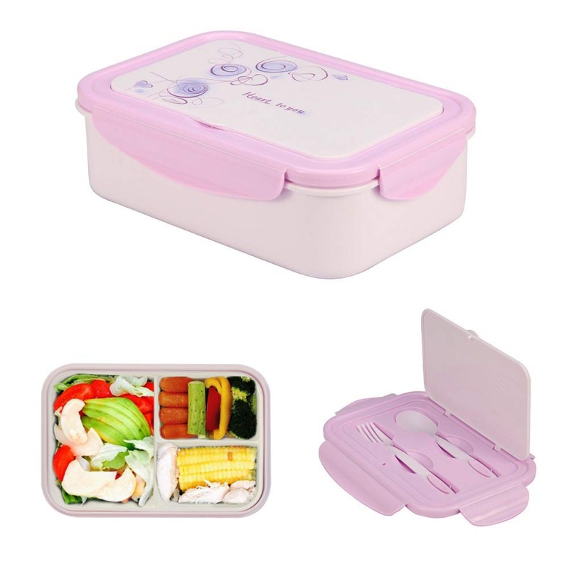 1000 ml Plastic Bento Lunch Box for Adults & Kids, Food Container with 3 Compartments and Cutlery Set(Fork and Spoon), Microwave & Dishwasher Safe (Purple)