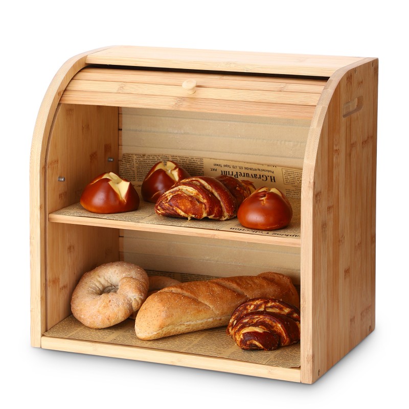 Bread Box, G.a HOMEFAVOR 2 Layer Bamboo Bread Boxes for Kitchen Food Storage, Large Capacity Bread Keeper Roll Top with Removable Layer, 15" x 9.8" x 14.2", 15 mm Thickness (Self-assembly)