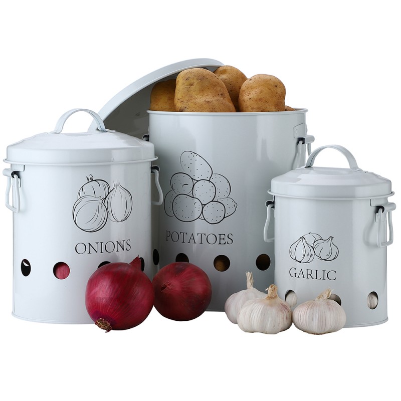 G.a HOMEFAVOR Set of 3 Antique Cream Vintage Potato Onion Kitchen Storage Canisters Jars Pots Containers 3 Pack Set, Potatoe, Garlic Bin Caddy, With Aerating Tin Storage Holes & Metal Lid