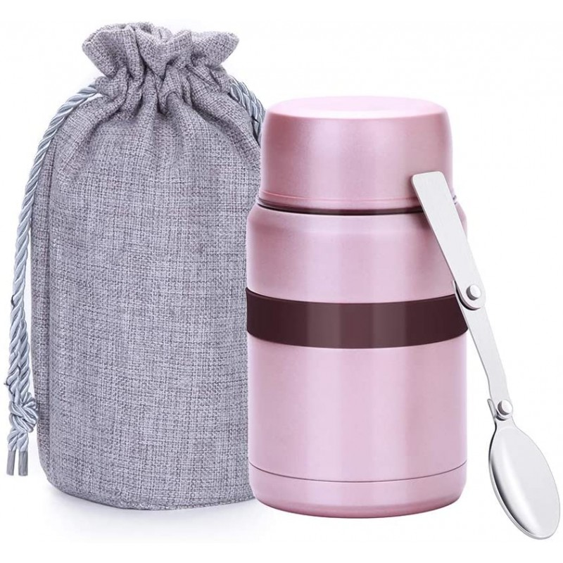 500 ml Vacuum Insulated Hot Food Flask, Stainless Steel Food Jar with Folding Spoon Storage Bag, Leakproof Food Container for Kids Adults, Pink