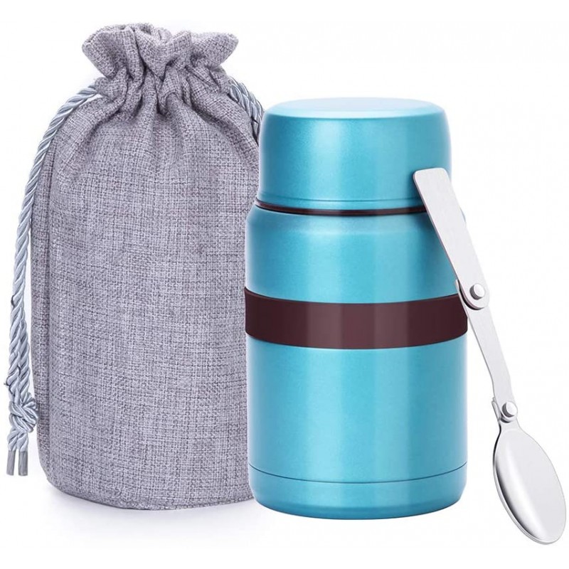 500 ml Vacuum Insulated Hot Food Flask, Stainless Steel Food Jar with Folding Spoon Storage Bag, Leakproof Food Container for Kids Adults, Blue