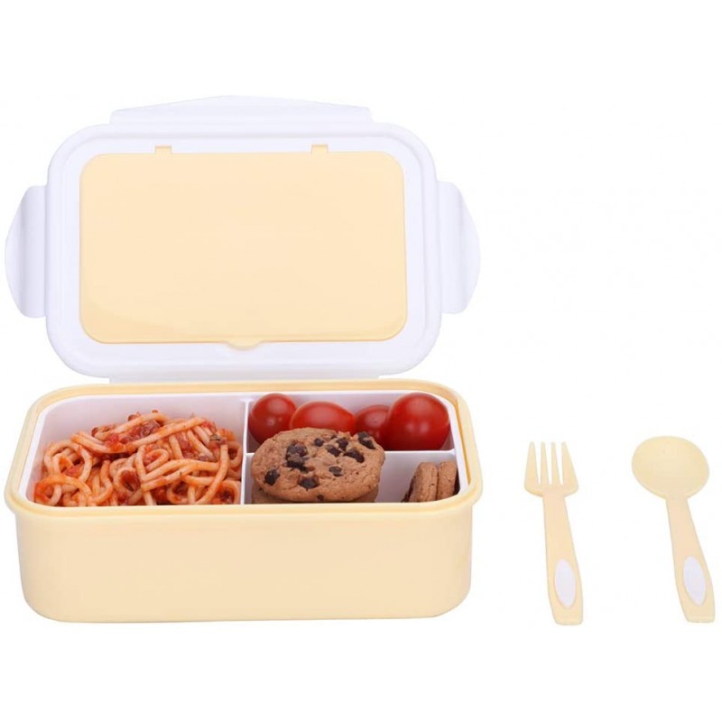1000 ml Plastic Bento Lunch Box for Adults & Kids, Food Container with 3 Compartments and Cutlery Set(Fork and Spoon), Microwave & Dishwasher Safe (Yellow)