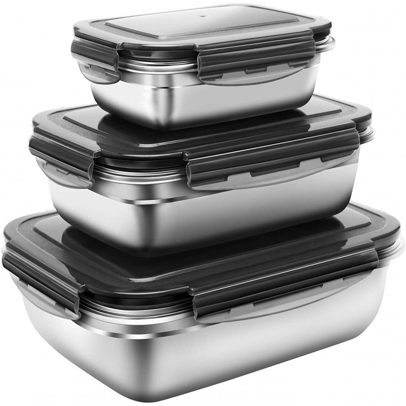 G.a HOMEFAVOR Set 3 in 1 Stainless Steel Bento Lunch Box with Leakproof Lid, 3 Piece 350ml + 850ml + 1800ml Metal Lunch Food Storage Containers for Kids or Adults - Dishwasher Safe