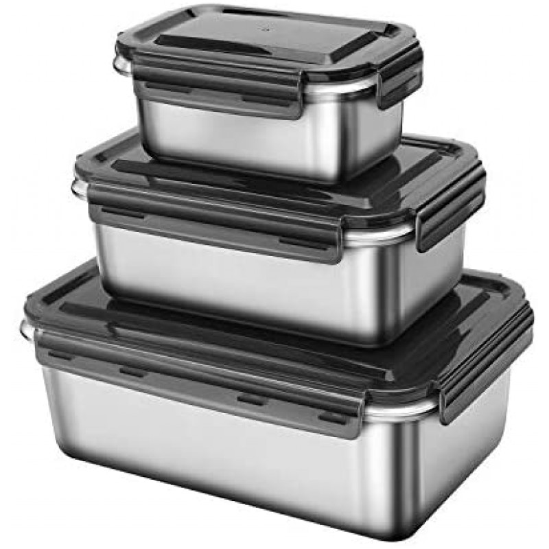 316 Stainless Steel Fresh-Keeping Container,Rerigerator special Sealed Box-Set of 3 Sizes (600ml + 1400ml + 2800ml) Large Lunch Box with Leak-Proof Design - for Kimchi, Vegetables and Meats