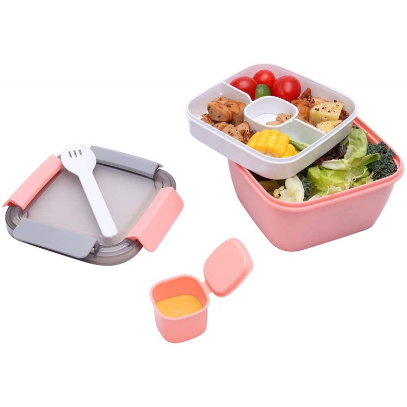 1.1 Litre Salad Container with Dressing Pot & Cutlery, Leak Proof Salad Bowl to the Go with 2 Compartment for Salad Toppings & Snacks, Microwavable Plastic Bento Lunch Box (Blue)