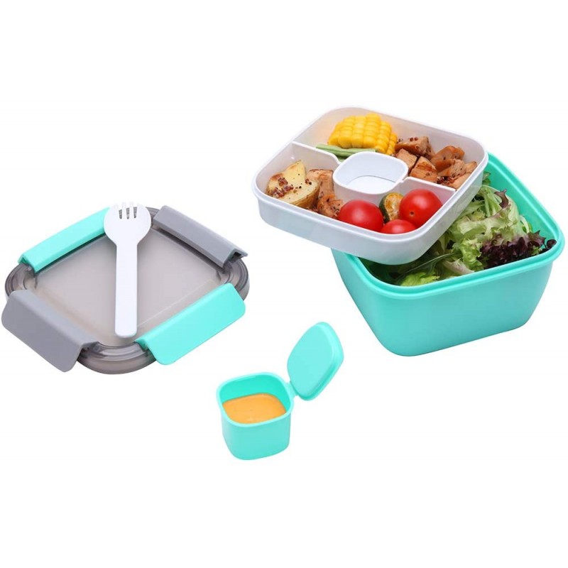 1.1 Litre Salad Container with Dressing Pot & Cutlery, Leak Proof Salad Bowl to the Go with 2 Compartment for Salad Toppings & Snacks, Microwavable Plastic Bento Lunch Box (Green)