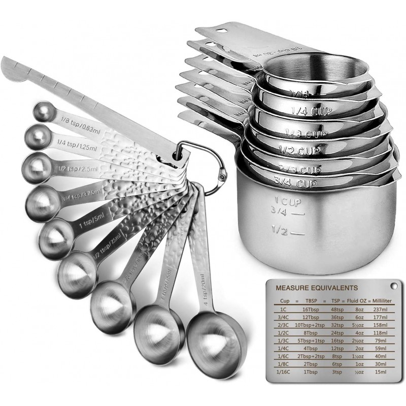 G.a HOMEFAVOR Set of 18 Pcs Measuring Spoons Cups Durable Single Stainless Steel 7 Measuring Cups and 9 Measuring Spoons+Level with 2x D-Rings and Magnetic Measurement Conversion Chart