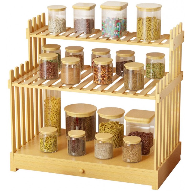 3-Tier Natural Bamboo Spice Rack, Standing Spice Rack Organizer with Tool Drawer, 17.1" x 9.7” x 15.6” 
