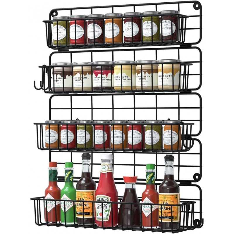 Farmhouse Spice Rack Organizer Wall Mounted 4-Tier Foldable Black Iron Wire Hanging Spice Shelf Storage Racks, Seasoning Organizer For Kitchen, Pantry Storing Spices and Bathroom