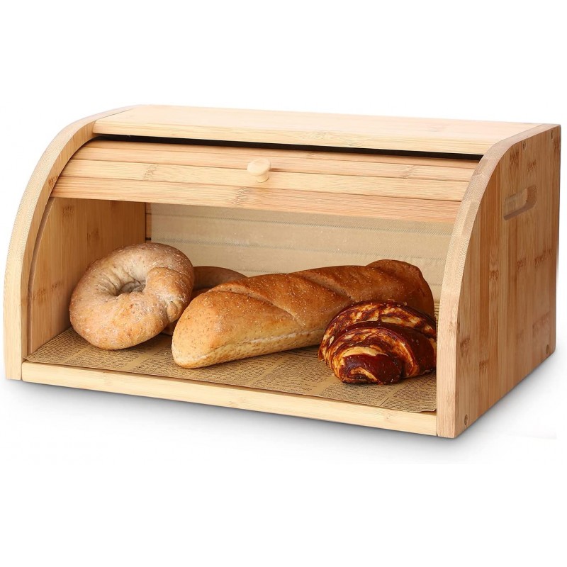 Bamboo Bread Boxes for Kitchen Food Storage, Bread Keeper Roll Top, 15.5" x 10.5" x 6.5", 15 mm Thickness (Self-assembly)