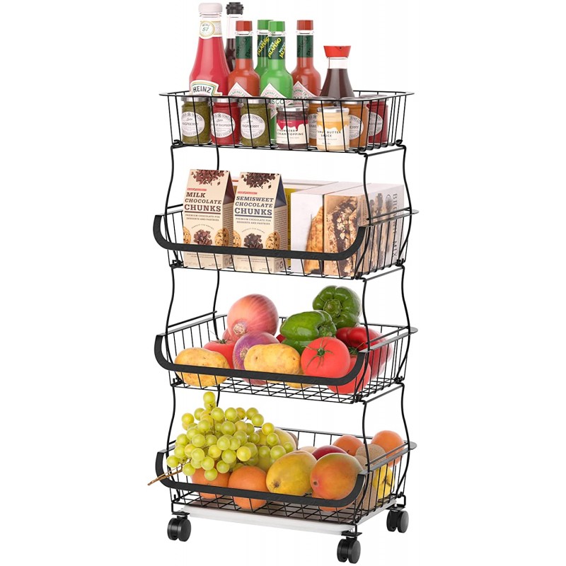 4 Tier Fruit Basket Wire Market Basket Stand Stackable Storage Multi-Purpose Metal Rolling Vegetable Potatoes Onions Storage Cart