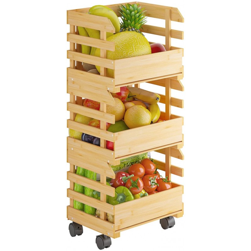 Bamboo Fruit Basket Stand, Potato and Onion Storage Cart, 3-Tier Fruit Basket with wheels, Vegetable Storage for Kitchen Floor (Self-assembly)