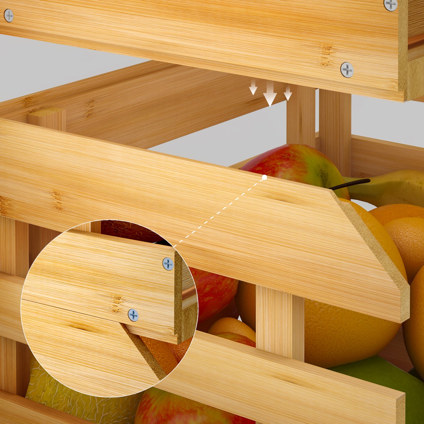 3-Tier Bamboo Fruit Basket Vegetable Storage with wheels