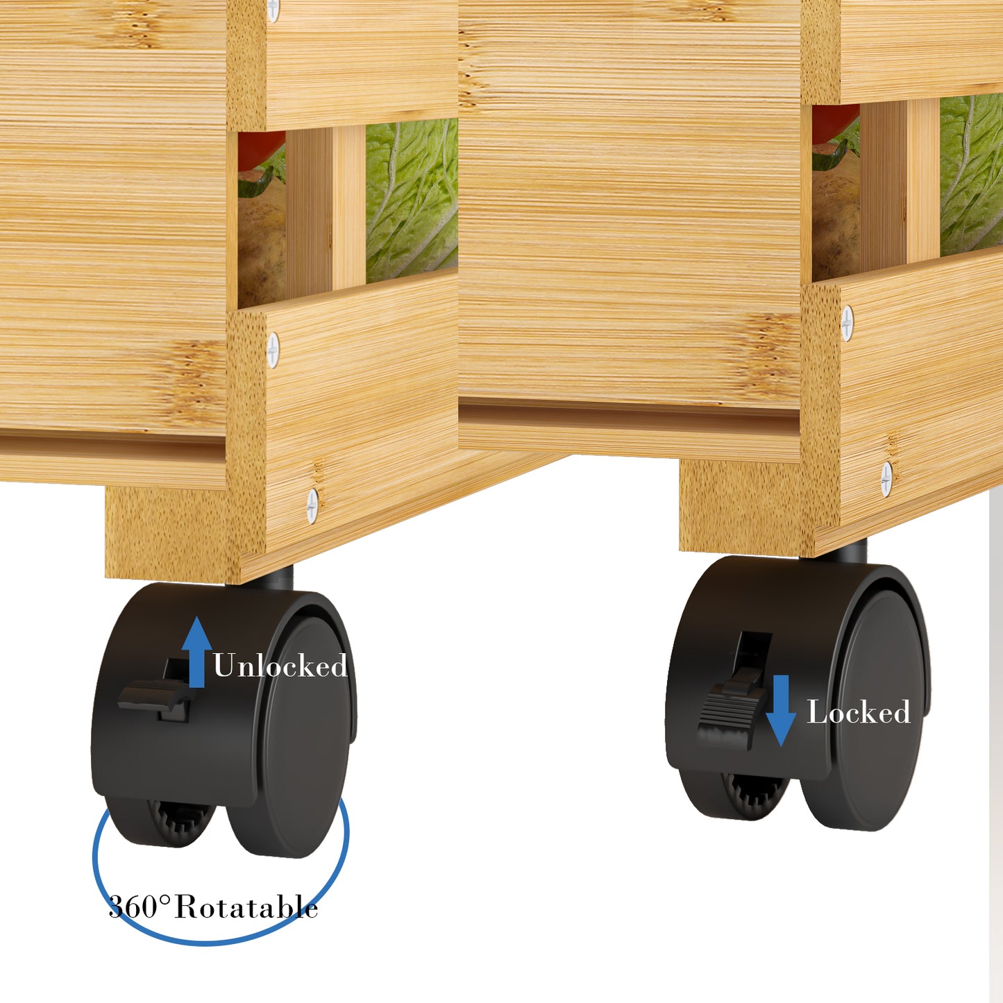 3-Tier Bamboo Fruit Basket Vegetable Storage with wheels