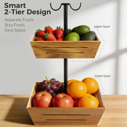 G.a HOMEFAVOR Acacia Wood Fruit Basket: 2-Tier Vegetable Storage with Banana Holder, Kitchen Countertop Organizer for Bread Snack, Large Size