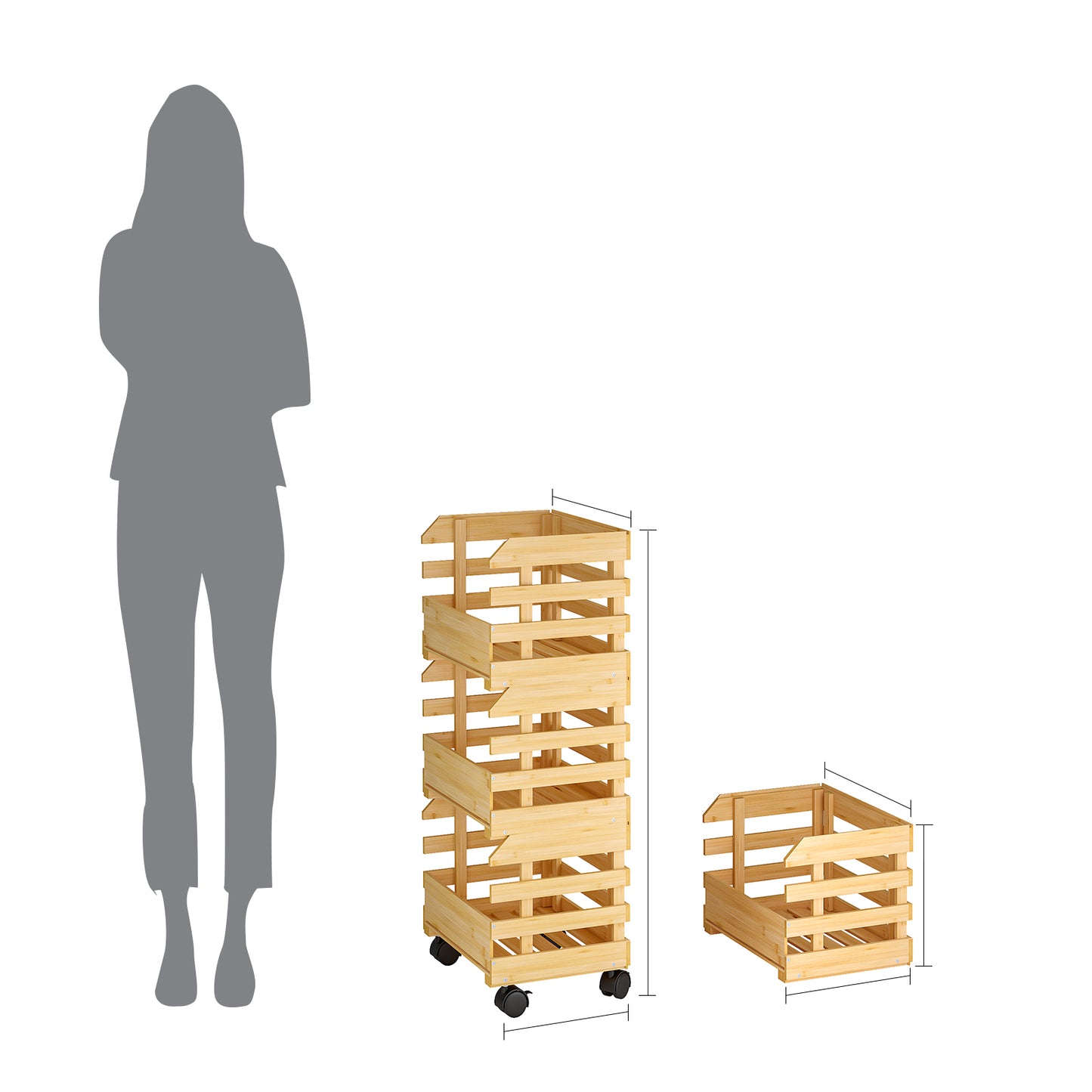 3-Tier Bamboo Fruit Basket Vegetable Storage with wheels
