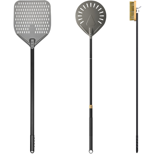 Professional 3-Piece Pizza Tool Set - Hard-Anodized Aluminum Peels & Brass Brush for Wood-Fired Ovens