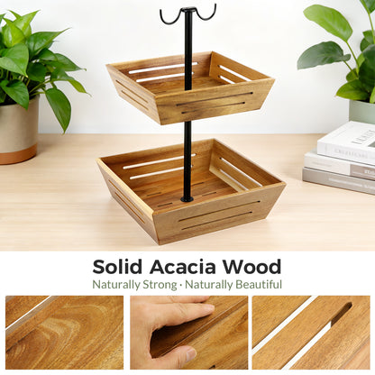 G.a HOMEFAVOR Acacia Wood Fruit Basket: 2-Tier Vegetable Storage with Banana Holder, Kitchen Countertop Organizer for Bread Snack, Large Size