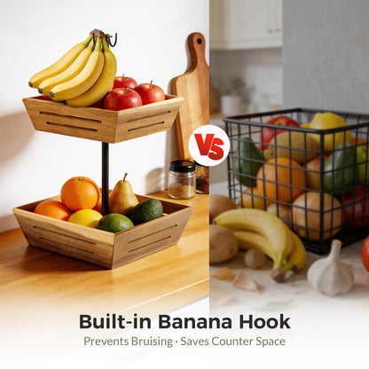 G.a HOMEFAVOR Acacia Wood Fruit Basket: 2-Tier Vegetable Storage with Banana Holder, Kitchen Countertop Organizer for Bread Snack, Large Size