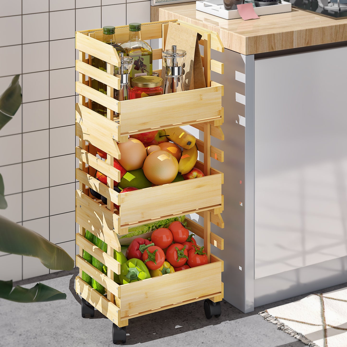 3-Tier Bamboo Fruit Basket Vegetable Storage with wheels