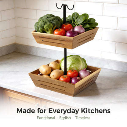 G.a HOMEFAVOR Acacia Wood Fruit Basket: 2-Tier Vegetable Storage with Banana Holder, Kitchen Countertop Organizer for Bread Snack, Large Size