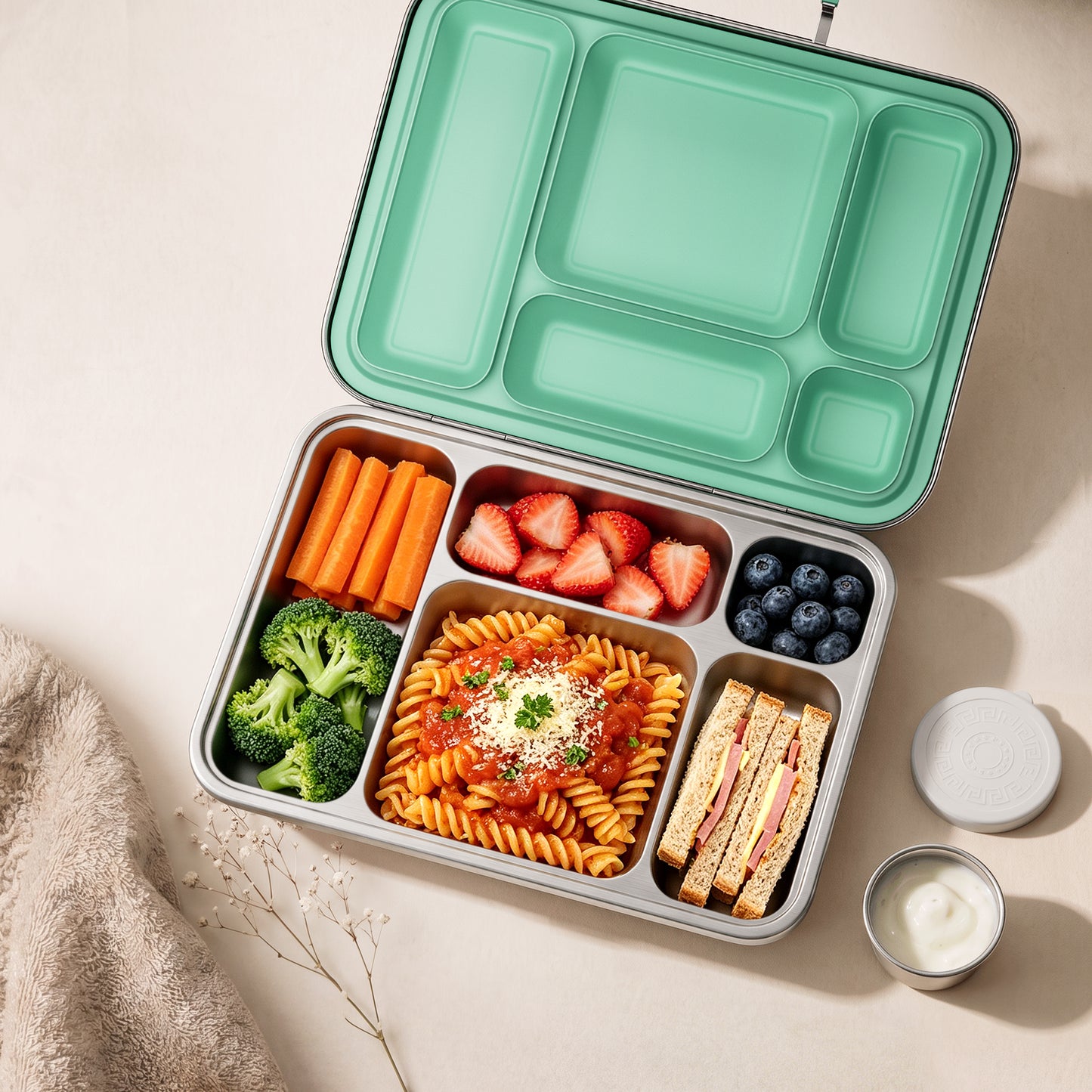 G.a HOMEFAVOR 5-Compartment Stainless Steel Lunch Box, Green, 1100 ml / 37 oz