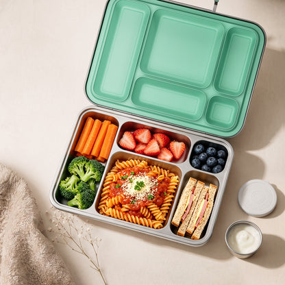 G.a HOMEFAVOR 5-Compartment Stainless Steel Lunch Box, Green, 1100 ml / 37 oz