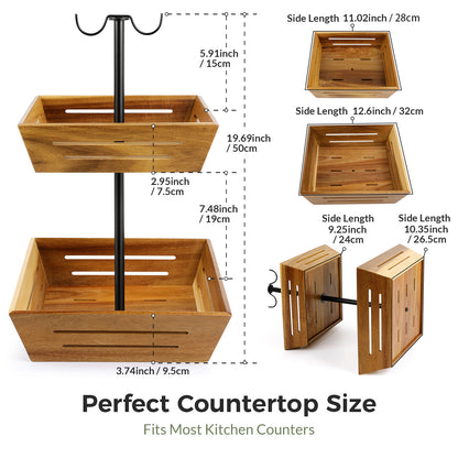 G.a HOMEFAVOR Acacia Wood Fruit Basket: 2-Tier Vegetable Storage with Banana Holder, Kitchen Countertop Organizer for Bread Snack, Large Size