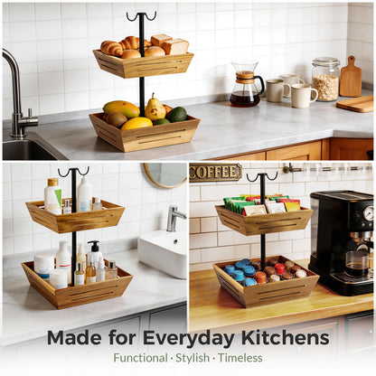 G.a HOMEFAVOR Acacia Wood Fruit Basket: 2-Tier Vegetable Storage with Banana Holder, Kitchen Countertop Organizer for Bread Snack, Large Size