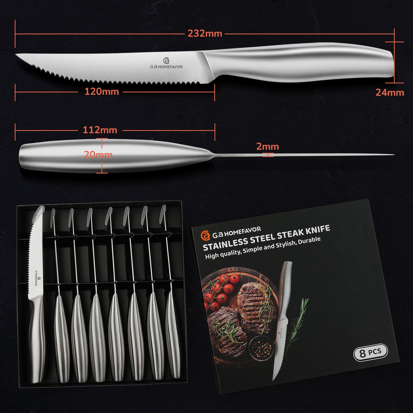 Micro-serrated Stainless Steel Steak Knife, Set of 8