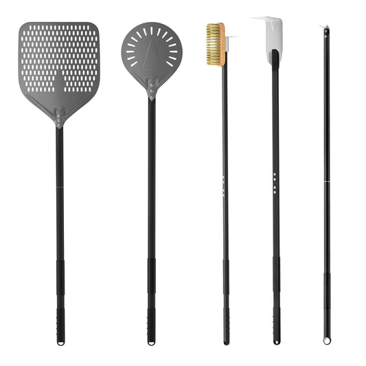 ‌Professional 5-Piece Pizza Tool Set for Wood-Fired Ovens - Hard-Anodized Aluminum Peels & Accessories