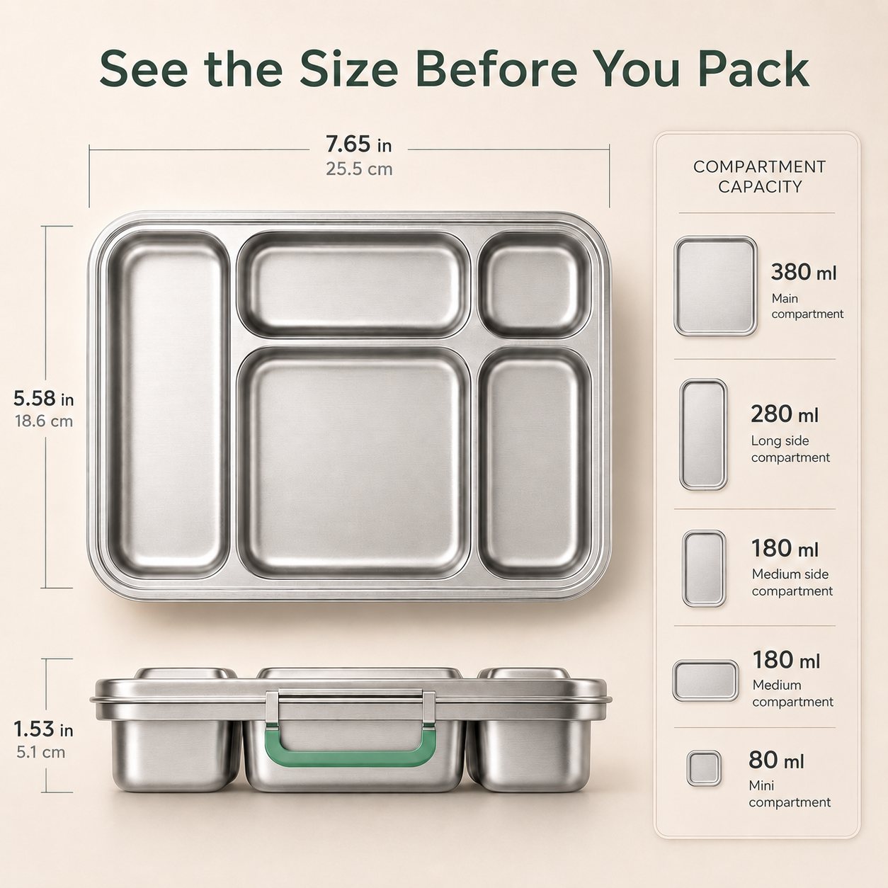 G.a HOMEFAVOR 5-Compartment Stainless Steel Lunch Box, Green, 1100 ml / 37 oz