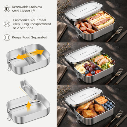 Ga HOMEFAVOR Unterteilter Lunchbehälter aus Edelstahl mit Verschlussclips
