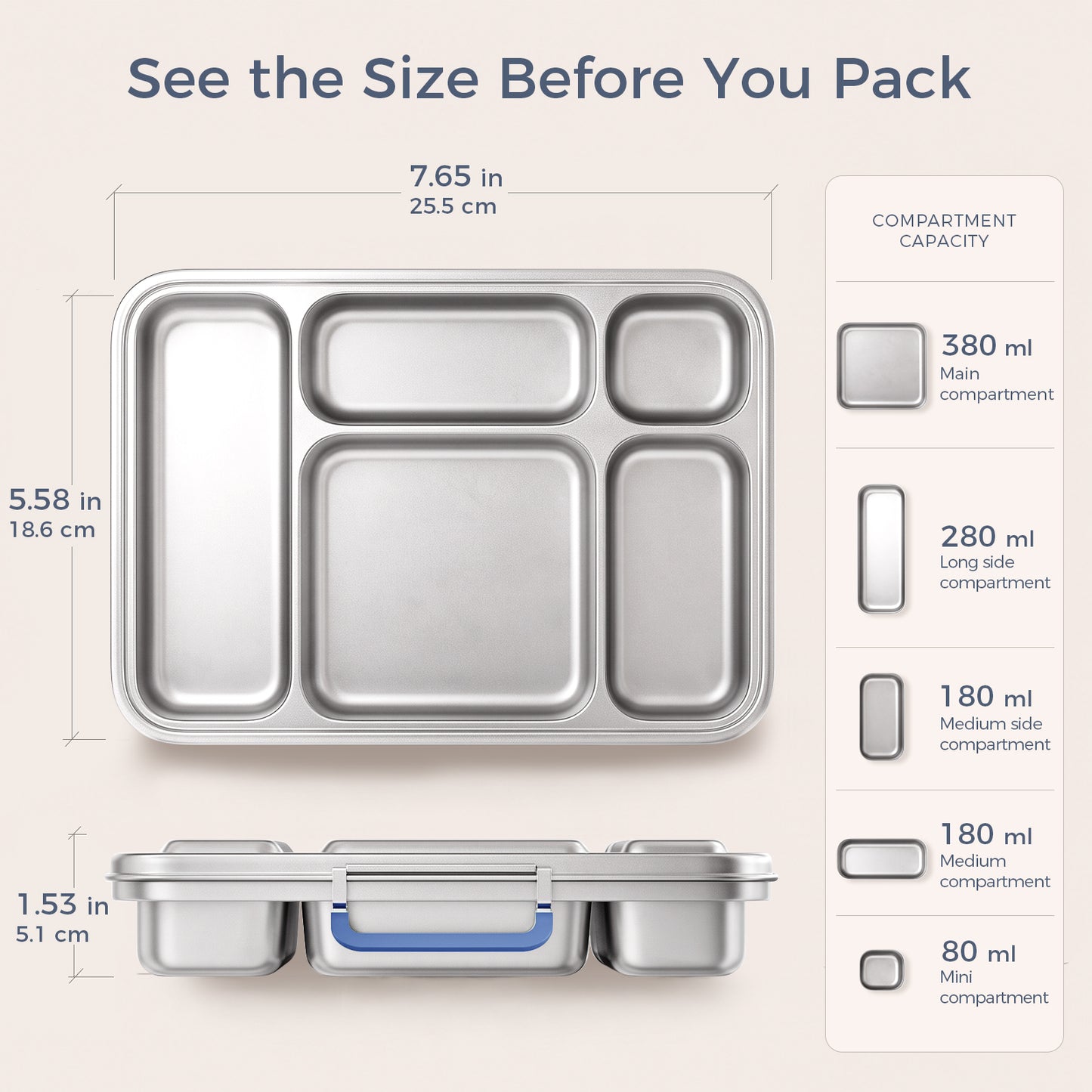 G.a HOMEFAVOR 5-Compartment Stainless Steel Lunch Box, Green, 1100 ml / 37 oz