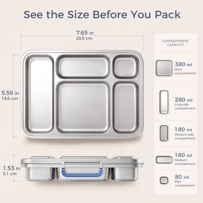 G.a HOMEFAVOR 5-Compartment Stainless Steel Lunch Box, Green, 1100 ml / 37 oz