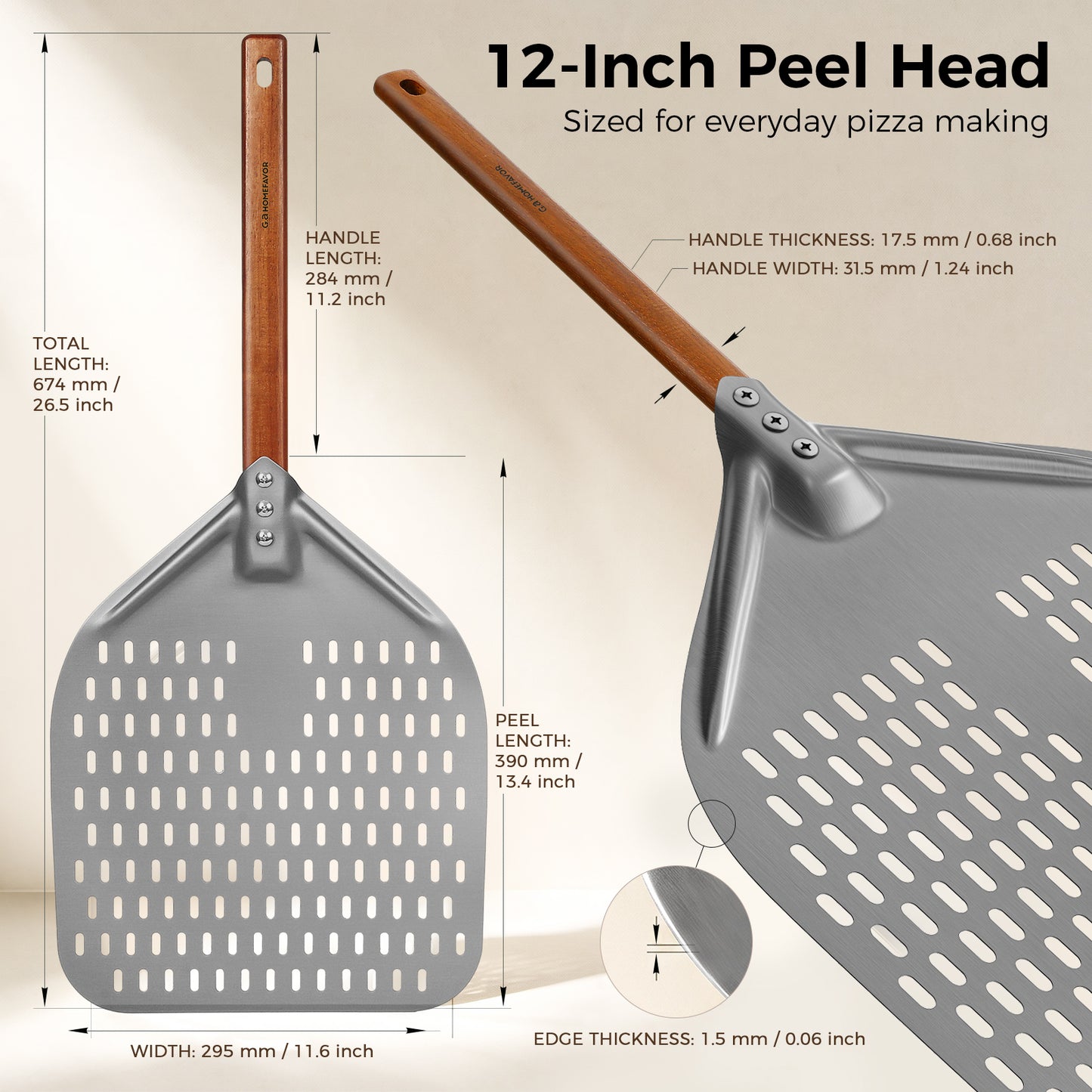 G.a HOMEFAVOR 12" x 15" Perforated Pizza Peel 26 Inch overall with Walnut Wooden Handle