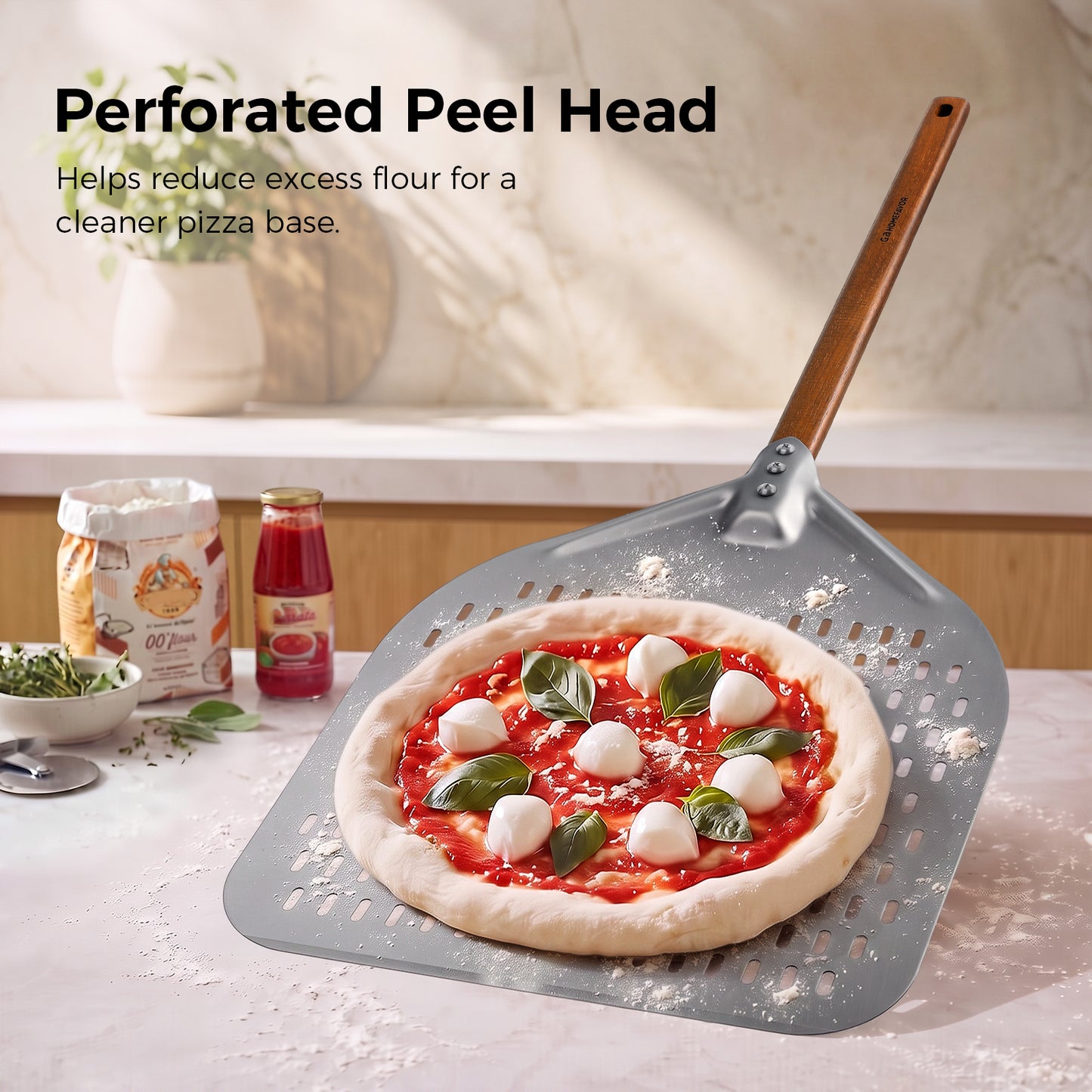 G.a HOMEFAVOR 14" x 17" Perforated Pizza Peel 35 Inch overall with Walnut Wooden Handle