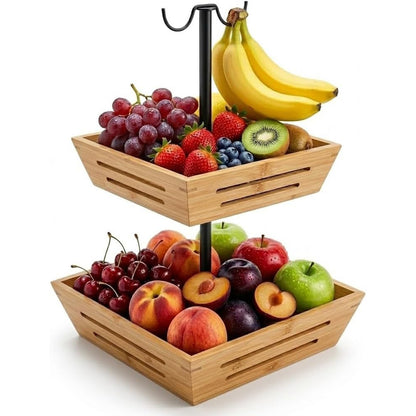 G.a HOMEFAVOR Acacia Wood Fruit Basket: 2-Tier Vegetable Storage with Banana Holder, Kitchen Countertop Organizer for Bread Snack, Large Size